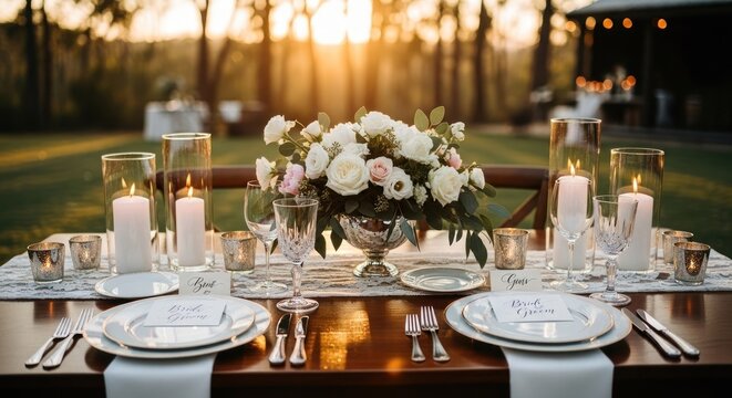 Elegant outdoor wedding table setting at sunset