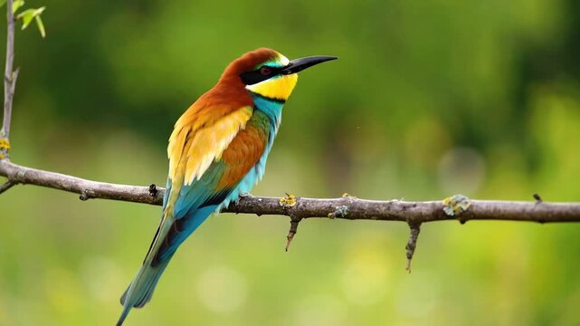 Colorful Bee-Eater Bird Observing Surroundings on Tree Branch