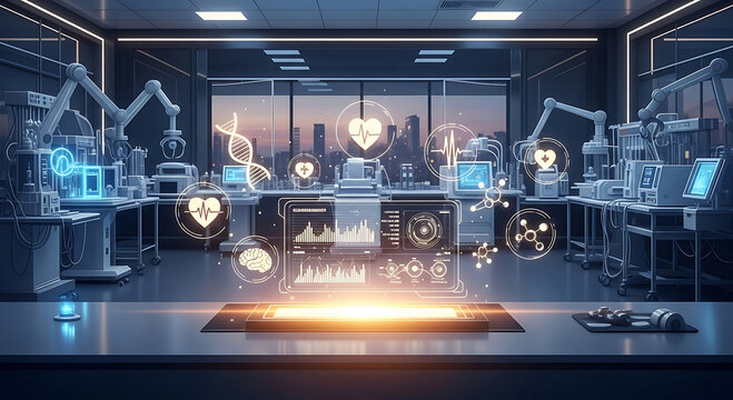 Advanced scientific research unfolds within a futuristic laboratory filled with glowing data and automated tools - Powered by Adobe