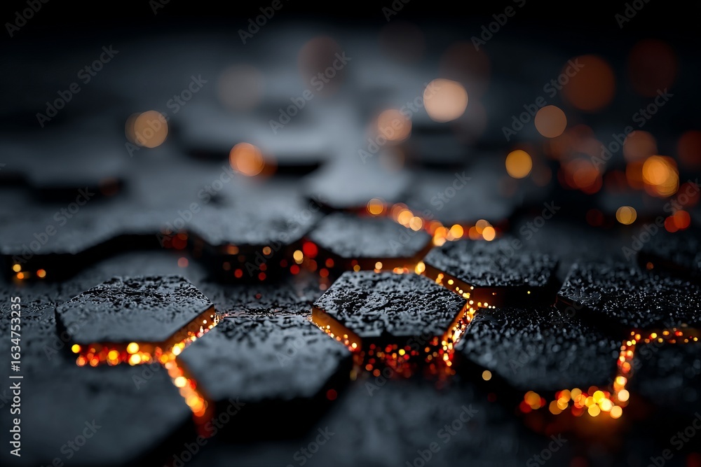 Poster a black and white image of a pattern of hexagons with a blue background