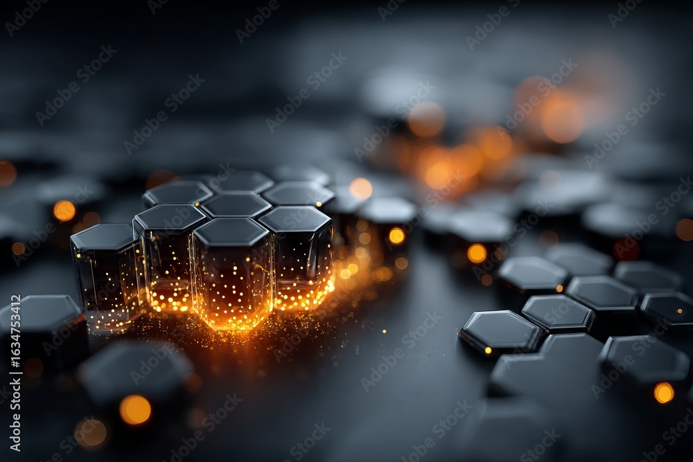 Poster a black and white image of a pattern of hexagons with a blue background