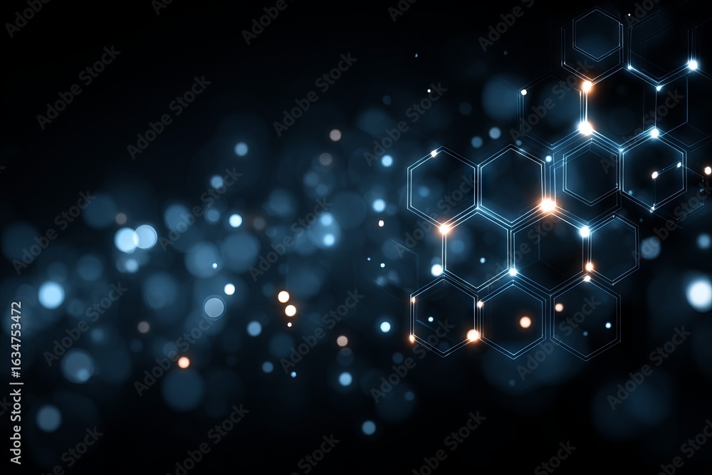 Poster a black and white image of a pattern of hexagons with a blue background