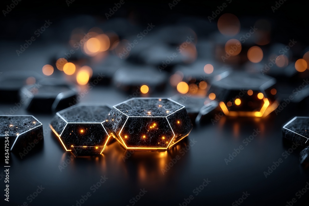 Poster a black and white image of a pattern of hexagons with a blue background