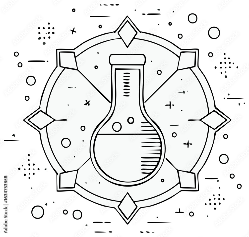 Poster scientific flask in abstract lab frame line art icon