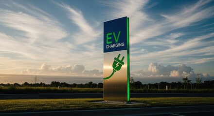 EV Charging Station Sign at Dusk