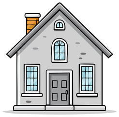Cartoon house illustration. Residential building with windows, door, and chimney.