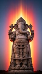 Fototapeta premium Vertical Gigantic Ganesha with Divine Light Beam and Fiery Sky – Grand Spiritual Look