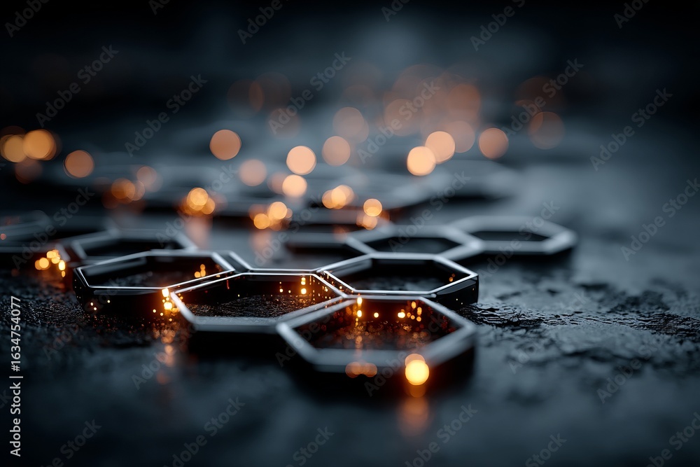 Poster a black and white image of a pattern of hexagons with a blue background