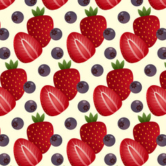 Strawberry and Blueberry Seamless Pattern on Cream Background