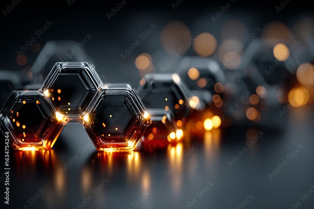 Poster a black and white image of a pattern of hexagons with a blue background