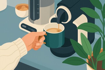 Hand holding a mug while pouring coffee from a modern coffee machine, in a cozy kitchen with a houseplant and a bowl of snacks, perfect for a relaxing morning routine