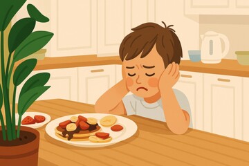 Disinterested child sitting at wooden kitchen table, pushing away pancakes with fruit and chocolate, lacking appetite near houseplant