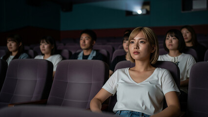 映画館で映画を鑑賞する若い女性