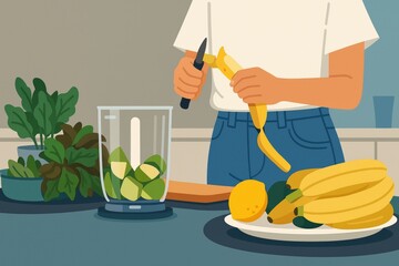 Person peeling banana using knife, preparing fresh green smoothie ingredients including spinach and apple on kitchen counter, representing nutritious dietary approach