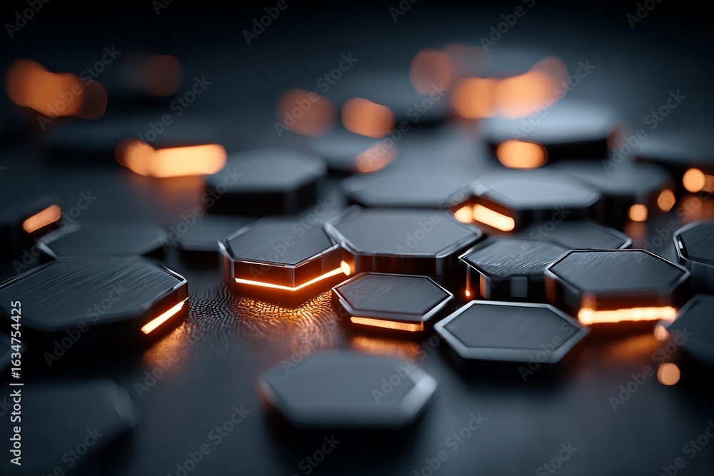 Poster a black and white image of a pattern of hexagons with a blue background