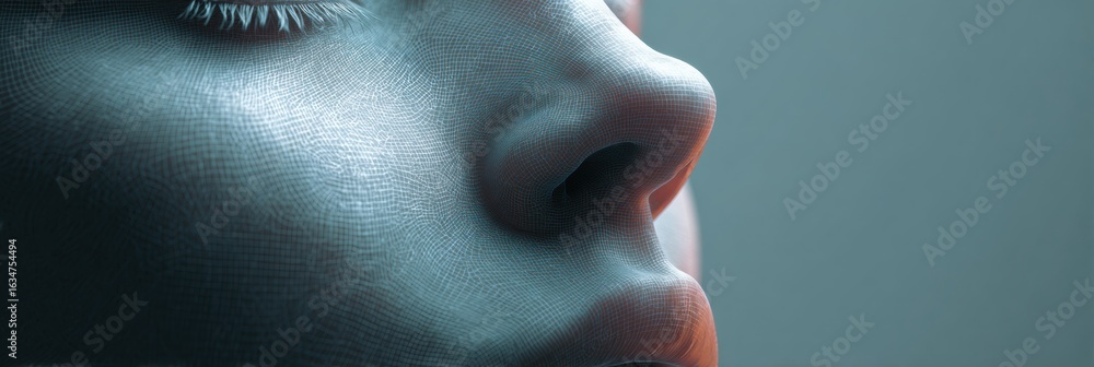 Poster realistic digital portrait showcasing surreal smoothness of a serene face with a side space for pers