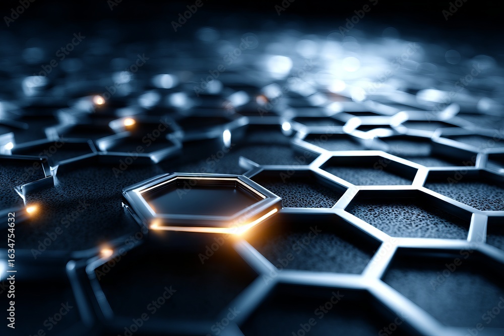 Poster a black and white image of a pattern of hexagons with a blue background