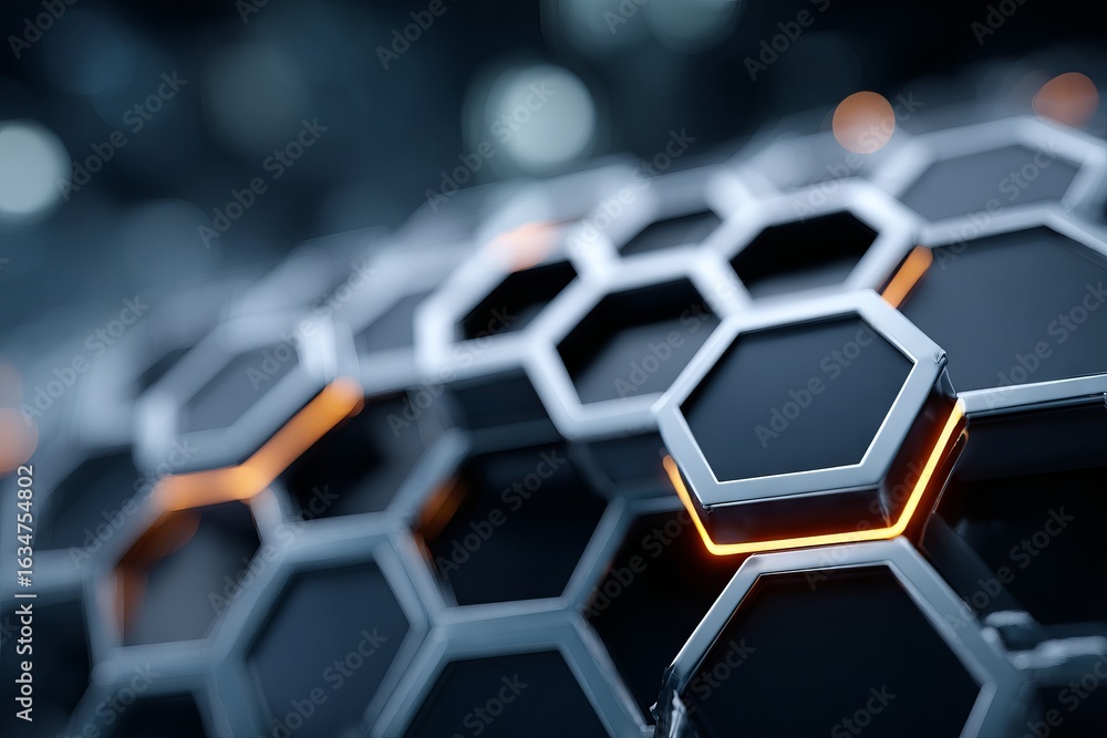 Poster a black and white image of a pattern of hexagons with a blue background