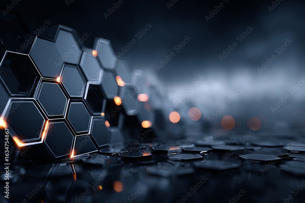 Poster a black and white image of a pattern of hexagons with a blue background