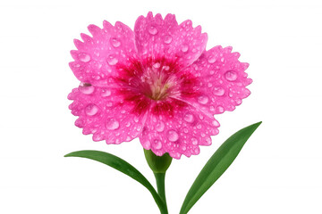 Delicate pink dianthus blossom glistening with water droplets, pristine transparent backdrop showcasing floral detail
