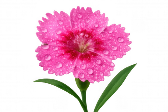 Delicate pink dianthus blossom glistening with water droplets, pristine transparent backdrop showcasing floral detail