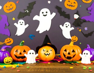 Halloween decorations on a wooden surface