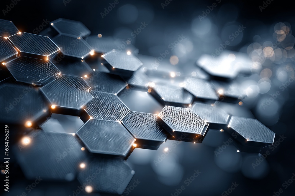 Poster a black and white image of a pattern of hexagons with a blue background