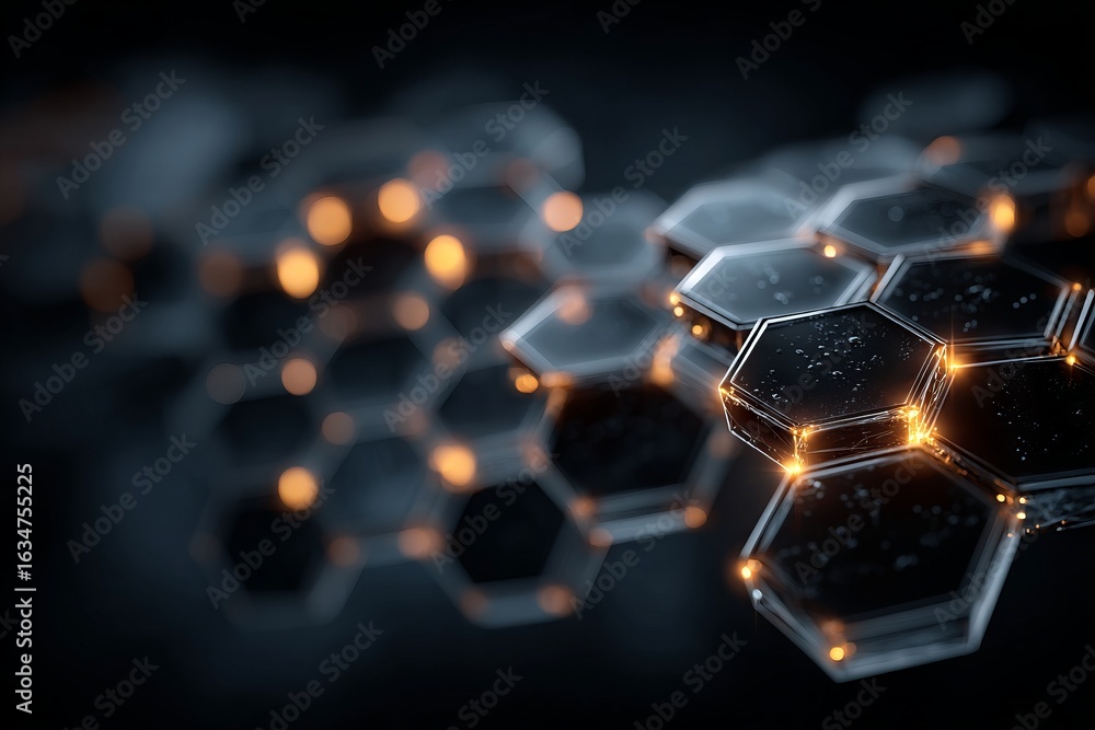 Poster a black and white image of a pattern of hexagons with a blue background