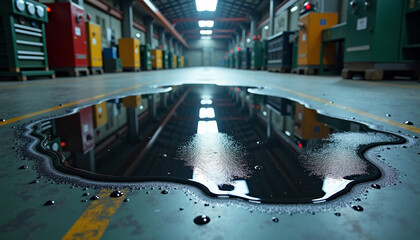 Oil Spill in Factory, industrial accident for Environmental Blogs, Factory Safety Websites, Awareness Campaigns, and Social Media Content