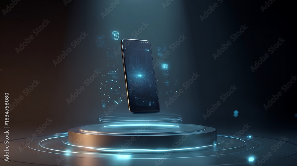 Poster a smartphone floating above a futuristic platform with digital data surrounding it in a dark room