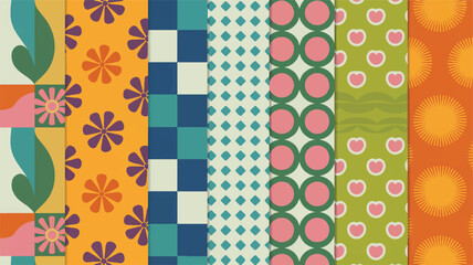 Six retro geometric patterns with flowers hearts and suns in orange green blue and pink retro pattern