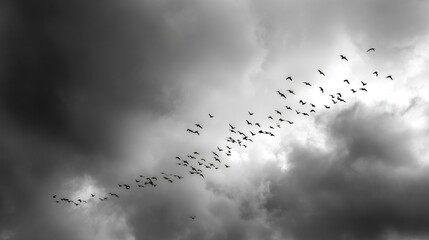 Bird migration across cloudy sky environmental concept cinematic black and white fall theme