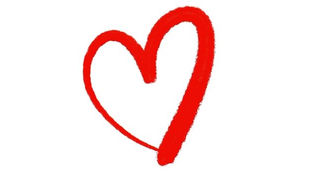 Red crayon-style hand-drawn heart animation forming on plain white background
