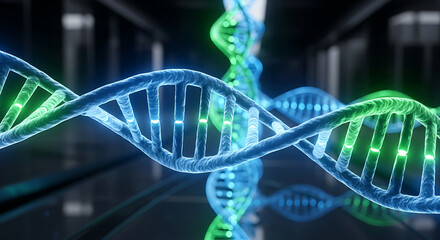 Illuminated DNA strands intertwine in a vibrant display of genetic science and biotechnological advancement.