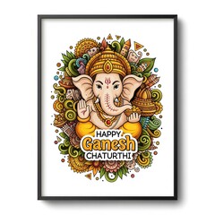 Obraz premium Colorful cartoon Ganesha surrounded by festive doodle art for Ganesh Chaturthi Hindu