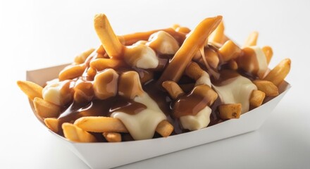 Poutine in a white paper tray.  Golden fries smothered in brown gravy and melted cheese curds