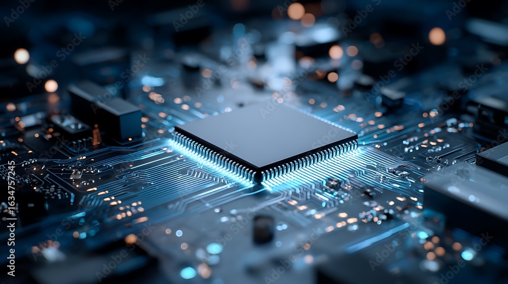 Aufkleber a close up view of a microchip on a circuit board with glowing blue lines and a square chip center