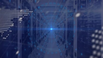 Blue light appearing at corridor activating code animations over map and racks showing data flow - Powered by Adobe