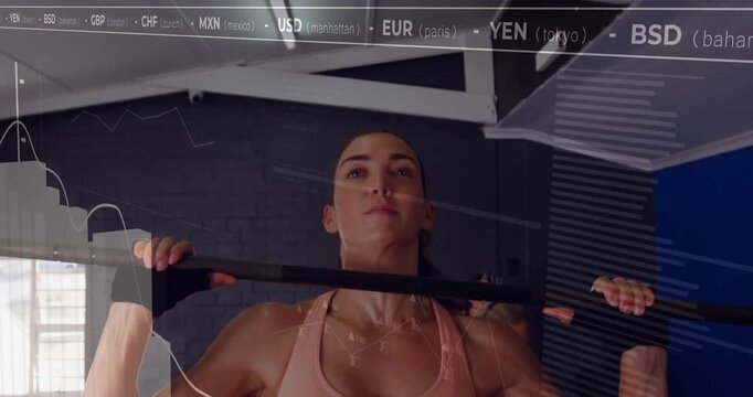 Workout partners grasping pulldown bar pulling down with animated finance charts tracking progress