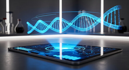 A cutting-edge tablet generates a stunning blue holographic DNA structure for advanced scientific research.