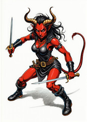 Tiefling female rogue with crimson skin in crouched pose ready to spring &ndash; agile fantasy RPG character in old-school tabletop style, stealthy assassin or infernal trickster design