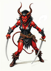 Tiefling female rogue with crimson skin in crouched pose ready to spring &ndash; agile fantasy RPG character in old-school tabletop style, stealthy assassin or infernal trickster design