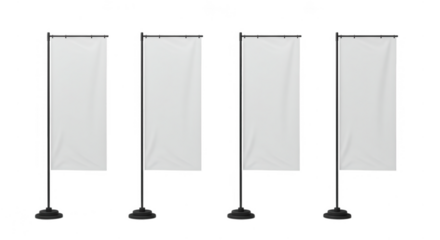 Four blank rectangular flags on poles isolated on transparent background