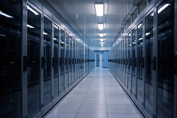 Long aisle of server racks in a brightly lit data center with reflective floor server room technology