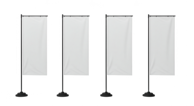Four blank rectangular flags on poles isolated on transparent background