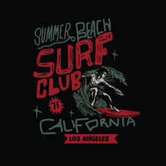 Surf Club California Summer Beach retro surfing vector graphic tee