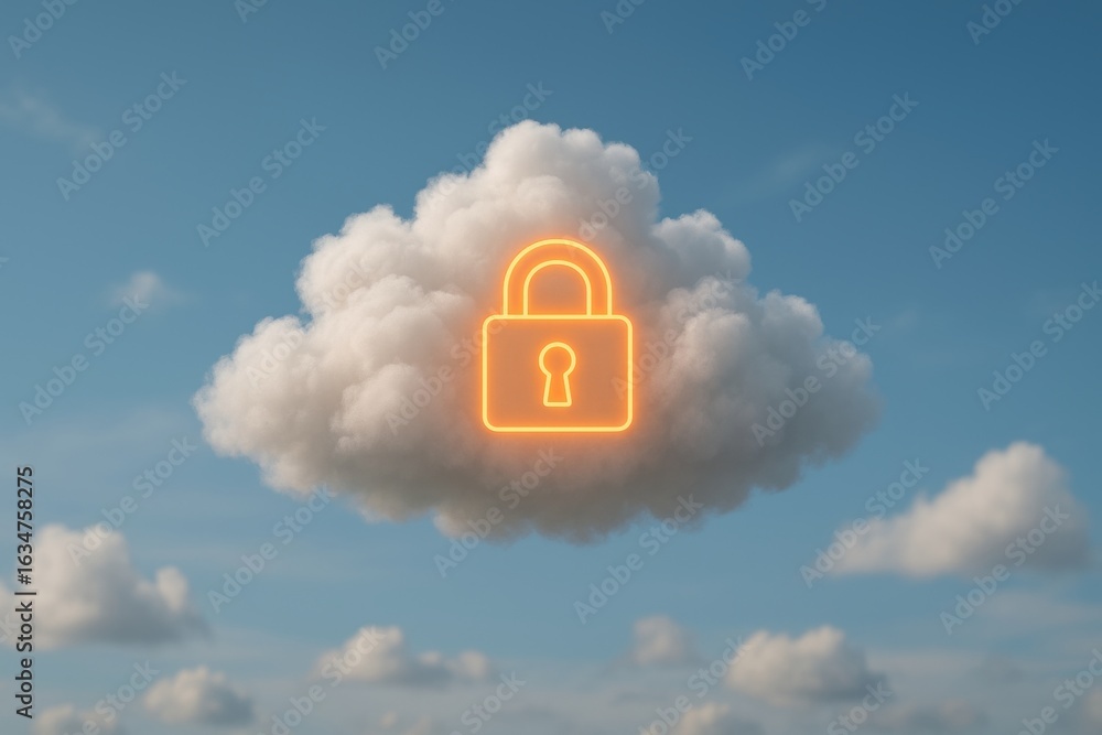 Poster cloud data security: a digital illustration showcases a fluffy cloud adorned with a glowing padlock 
