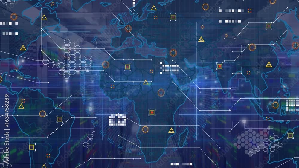 Poster server room opening, map fading in while network nodes connecting regions visualizing data flow