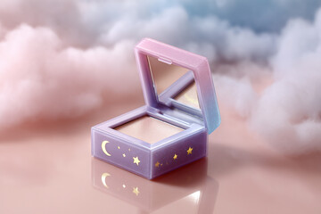 Dreamy compact: Iridescent highlighter in a celestial-themed case with moon and star motifs, set against soft cloud backdrop.