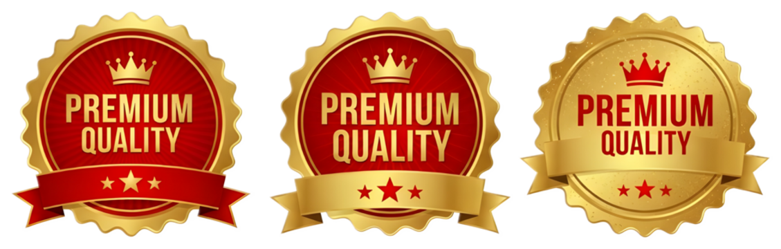 Premium Quality golden seal badge on white background